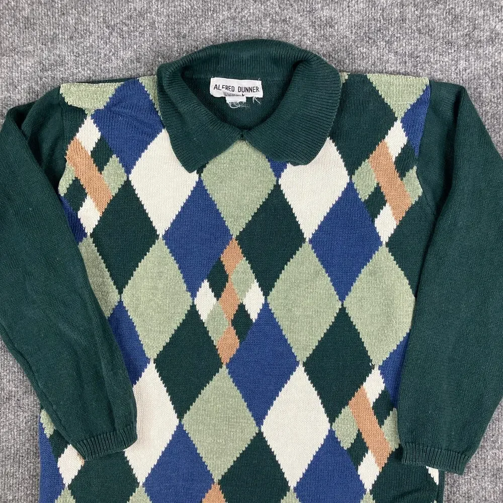 Alfred Dunner Sweater Womens Medium Green Blue Argyle Knit Collared‎ Preppy Warm